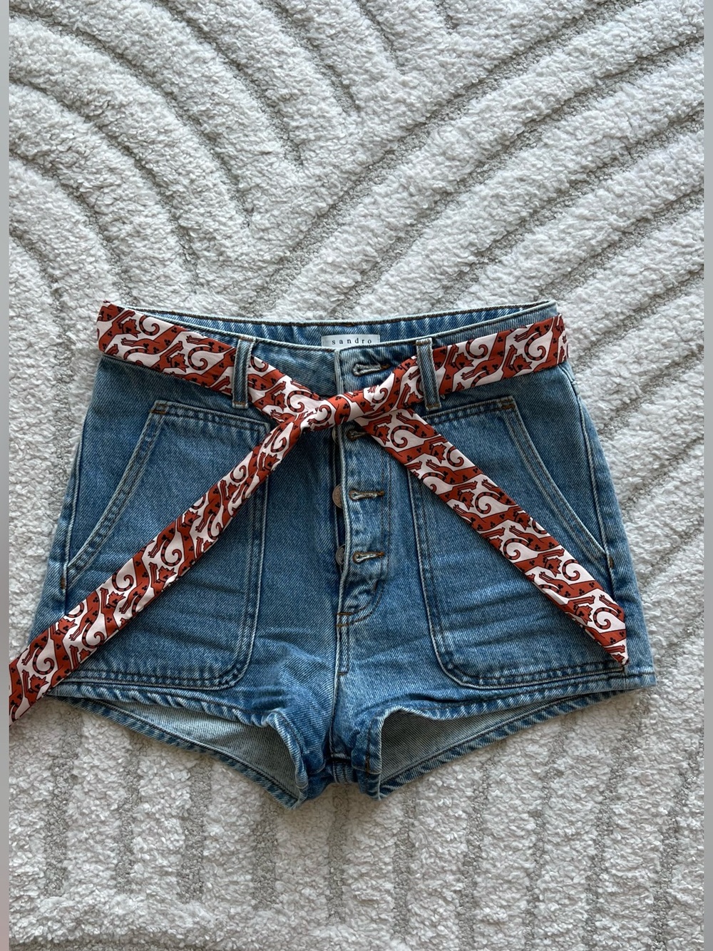 Sandro Blue Denim High-Rise Shorts with Red Patterned Belt